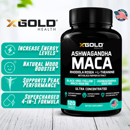 X GOLD HEALTH Ashwagandha Maca Rhodiola Rosea &amp;amp;amp; L-Theanine WITH BLACK PEPPER EXTRACT