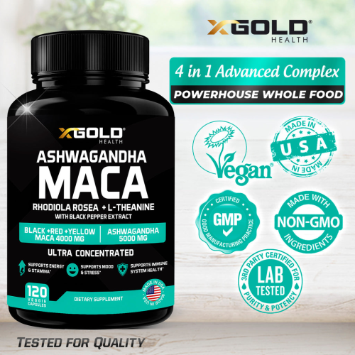 X GOLD HEALTH Ashwagandha Maca Rhodiola Rosea &amp;amp;amp; L-Theanine WITH BLACK PEPPER EXTRACT